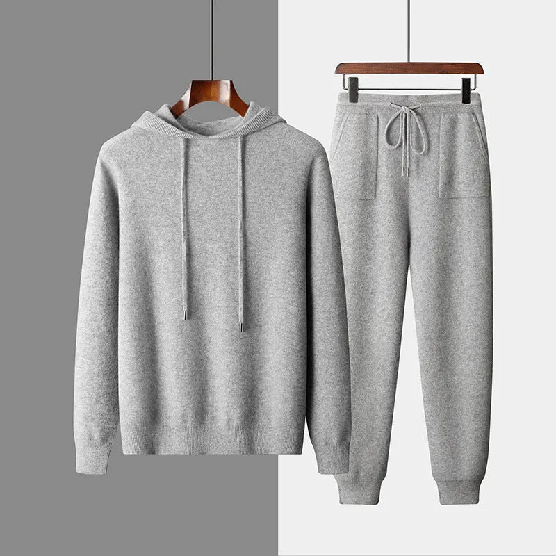 Men's light grey cashmere hoodie and pants casual winter set laid flat