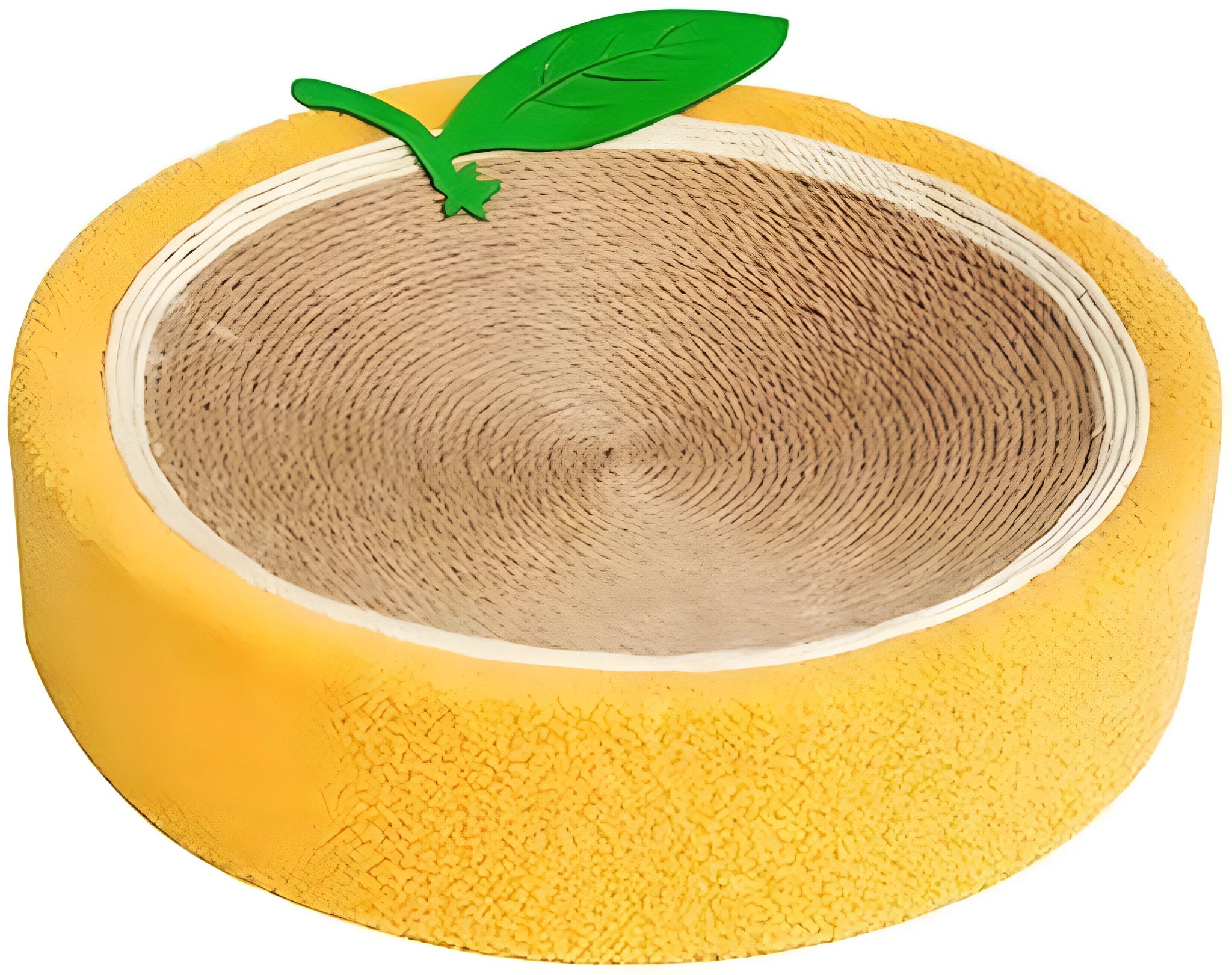 Round orange sisal cat scratching board with concave centre serving as both scratching surface and sleeping bed