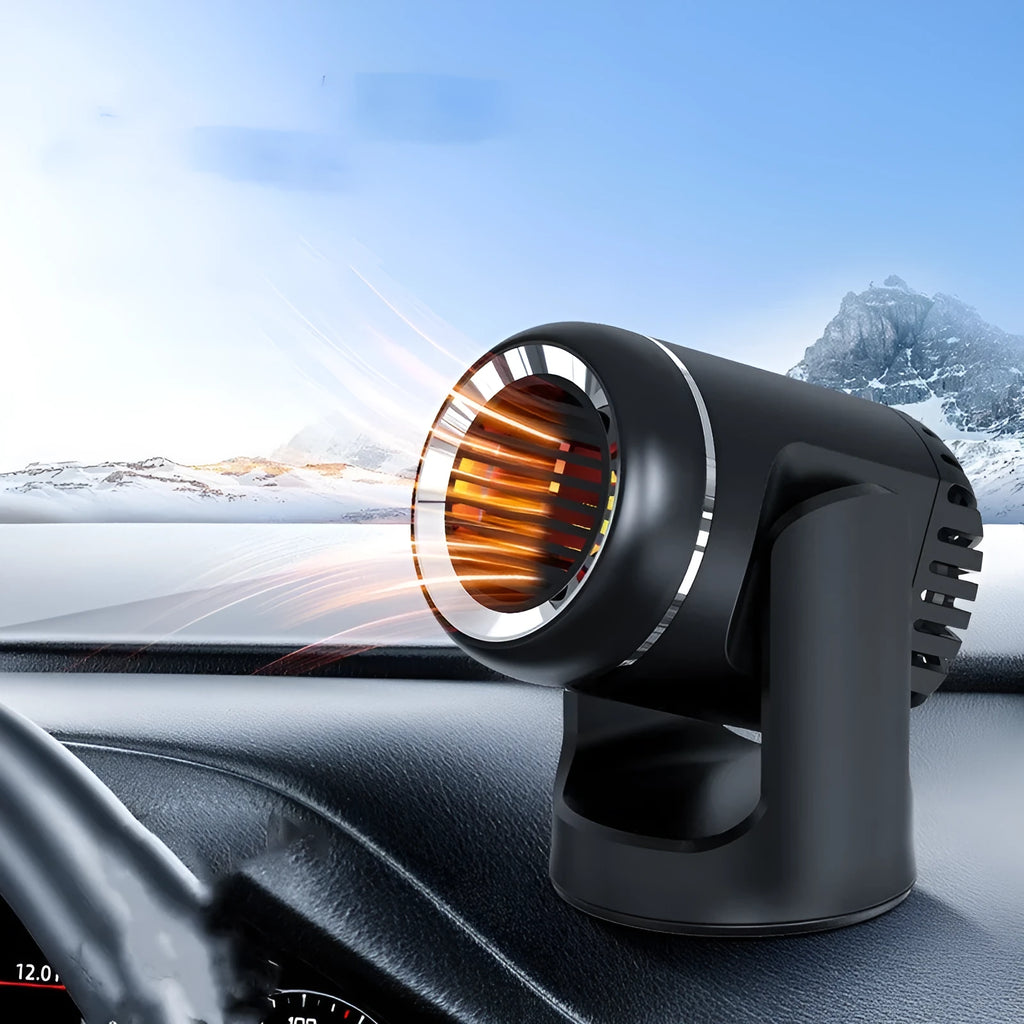 Black and white 12V portable car heater with three temperature settings for defrosting vehicle windscreens