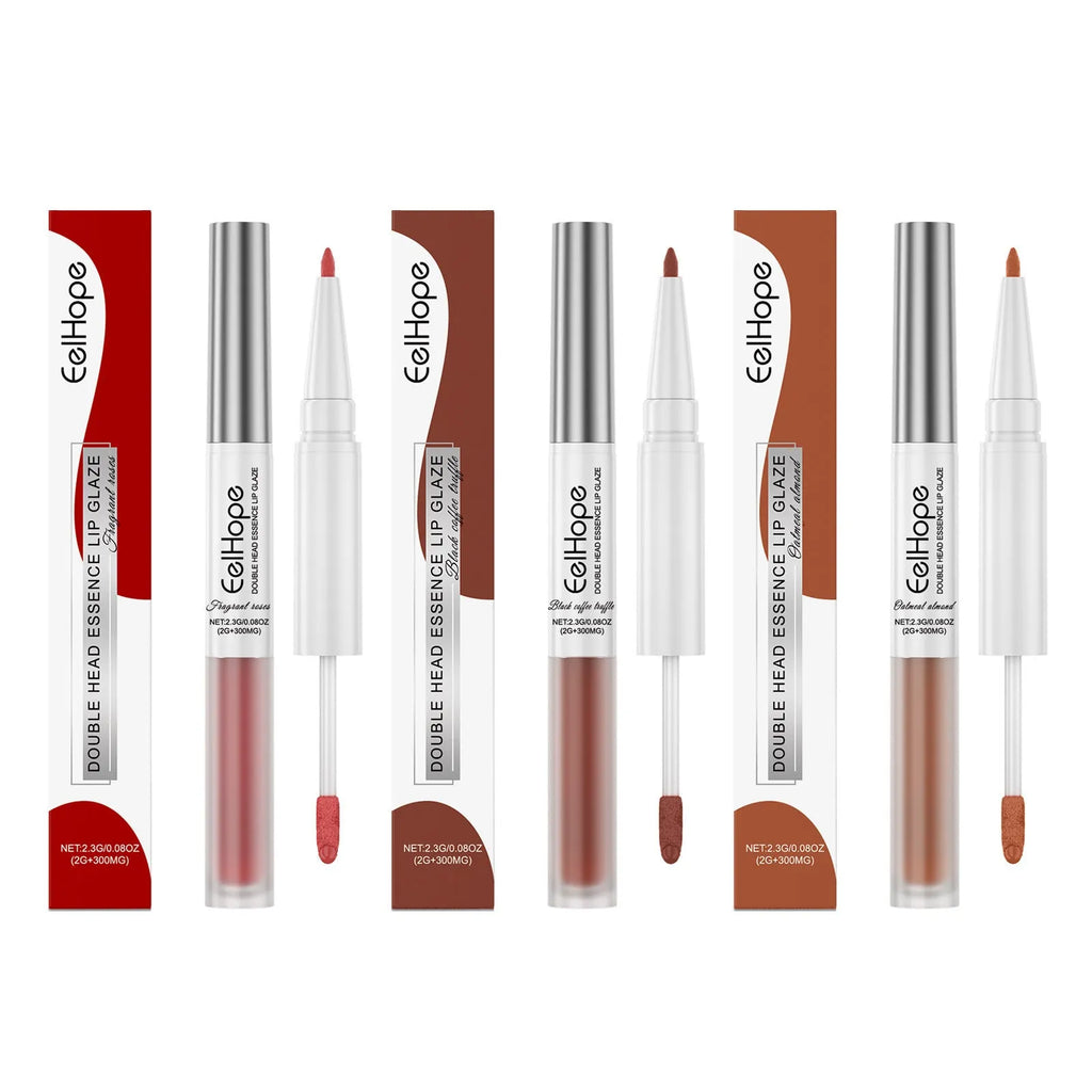 Double-ended lip liner and lip lacquer pen in three colour shades.