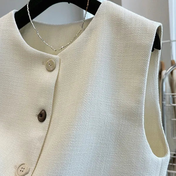 French style round neck sleeveless bandage vest in polyester fabric