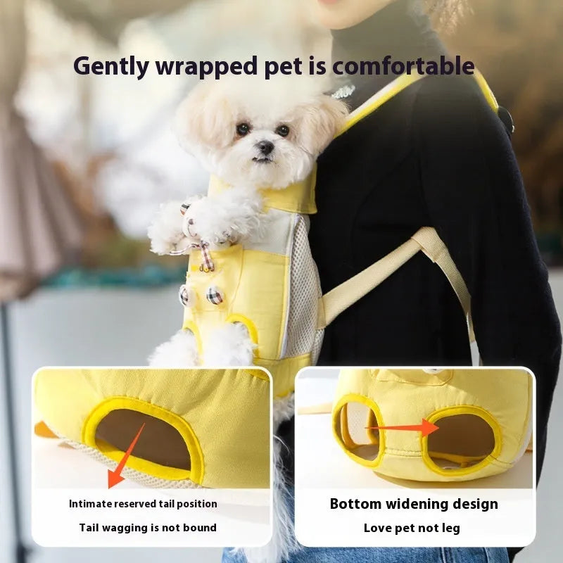 Cartoon animal pattern pet chest bag with adjustable ribbon straps in multiple colour variations