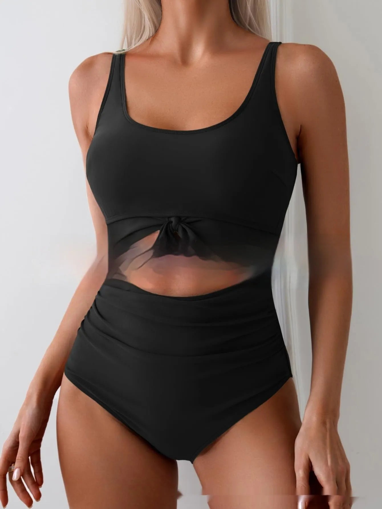 One-piece women's swimsuit with contrast colour straps, covered belly, sleeveless, solid colour, sizes S to XXL