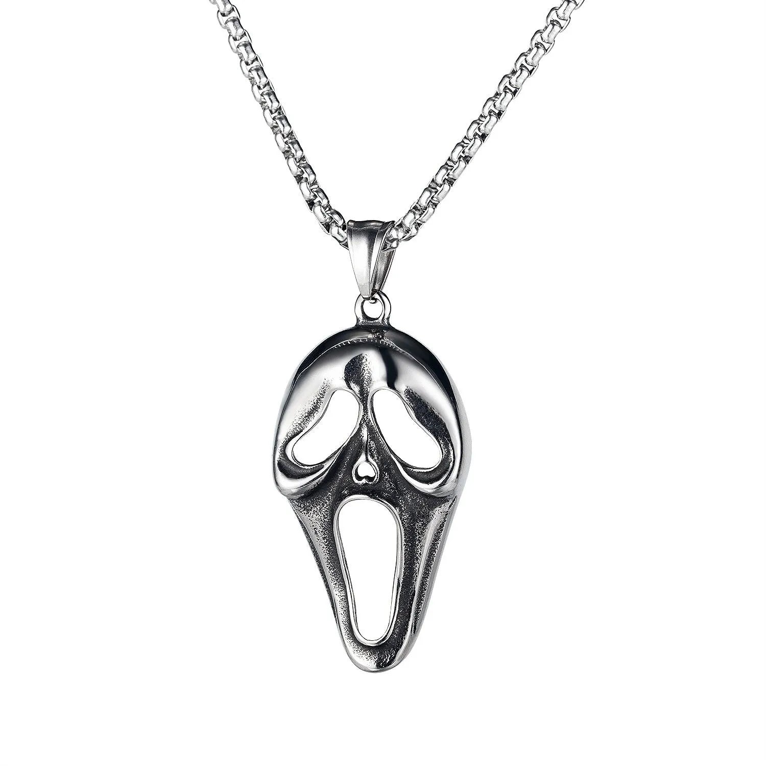 Men's stainless steel necklace with electroplated silver skull pendant in six design variations