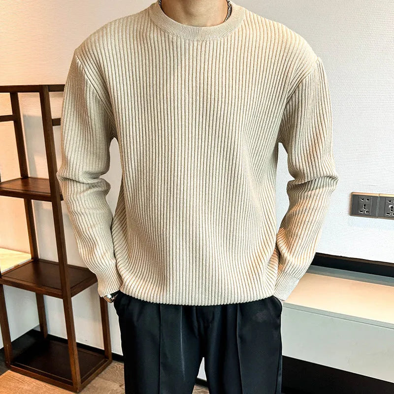 Men's thick bamboo fibre ice silk sweater in light gray, loose fit, round neck, striped pattern