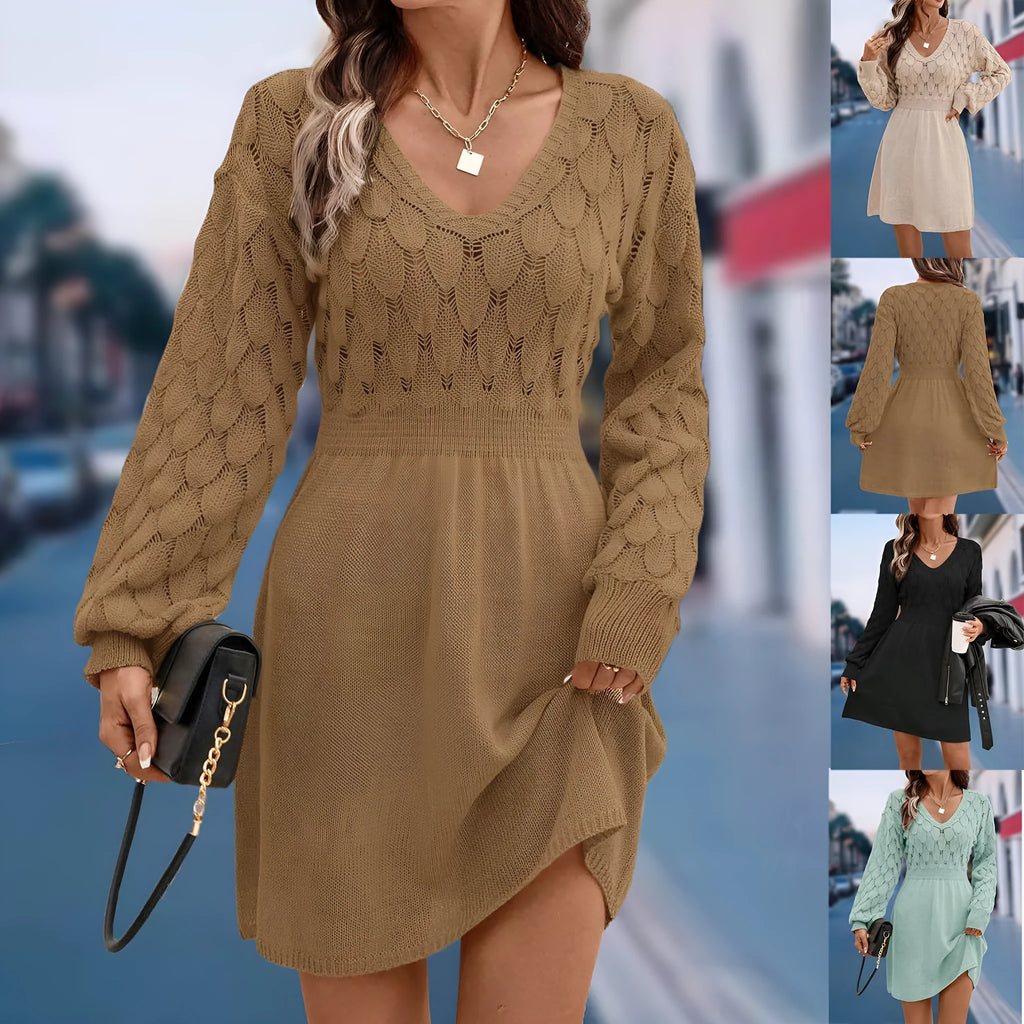 Artistic retro V-neck beach dress with long sleeves, 3D pattern, and high waist in light blue green.