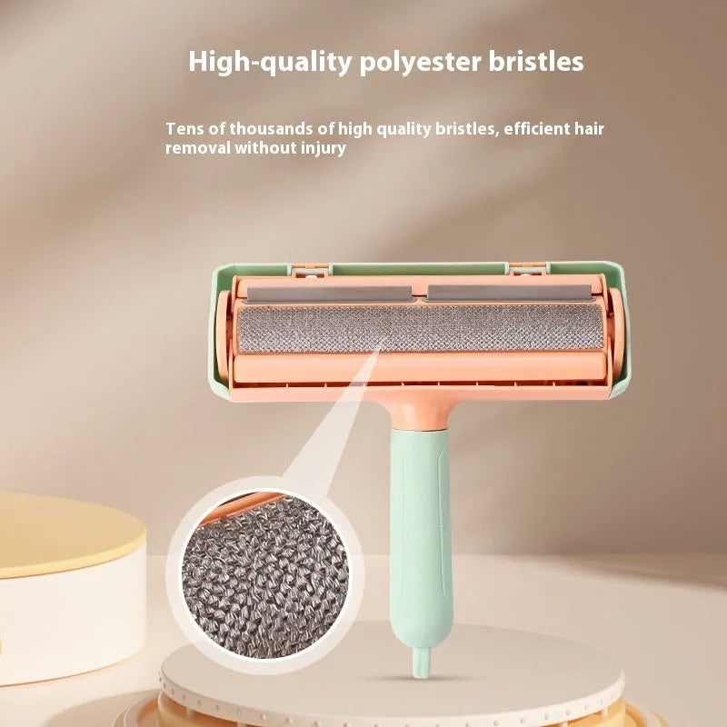 Mint green manual brush for removing cat hair from furniture and fabrics, showing its size.