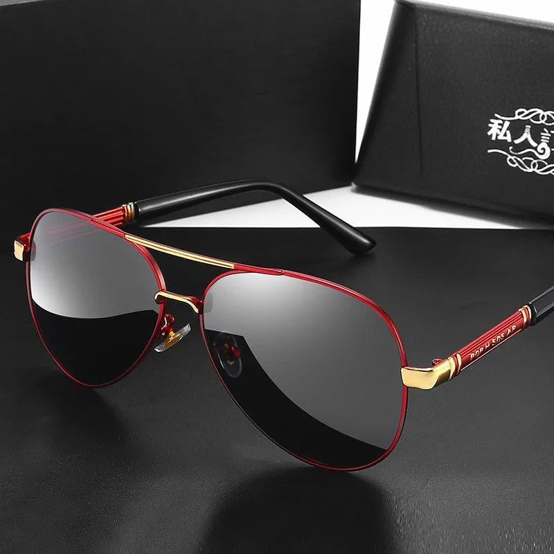 Men's metal frame sunglasses with polarised or colour-changing lenses in black, gold, or silver finishes