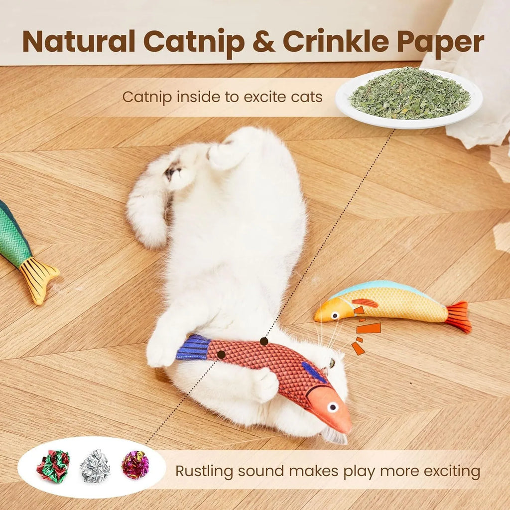 Soft plush fish-shaped cat toy with organic catnip filling in green, orange, or yellow colours