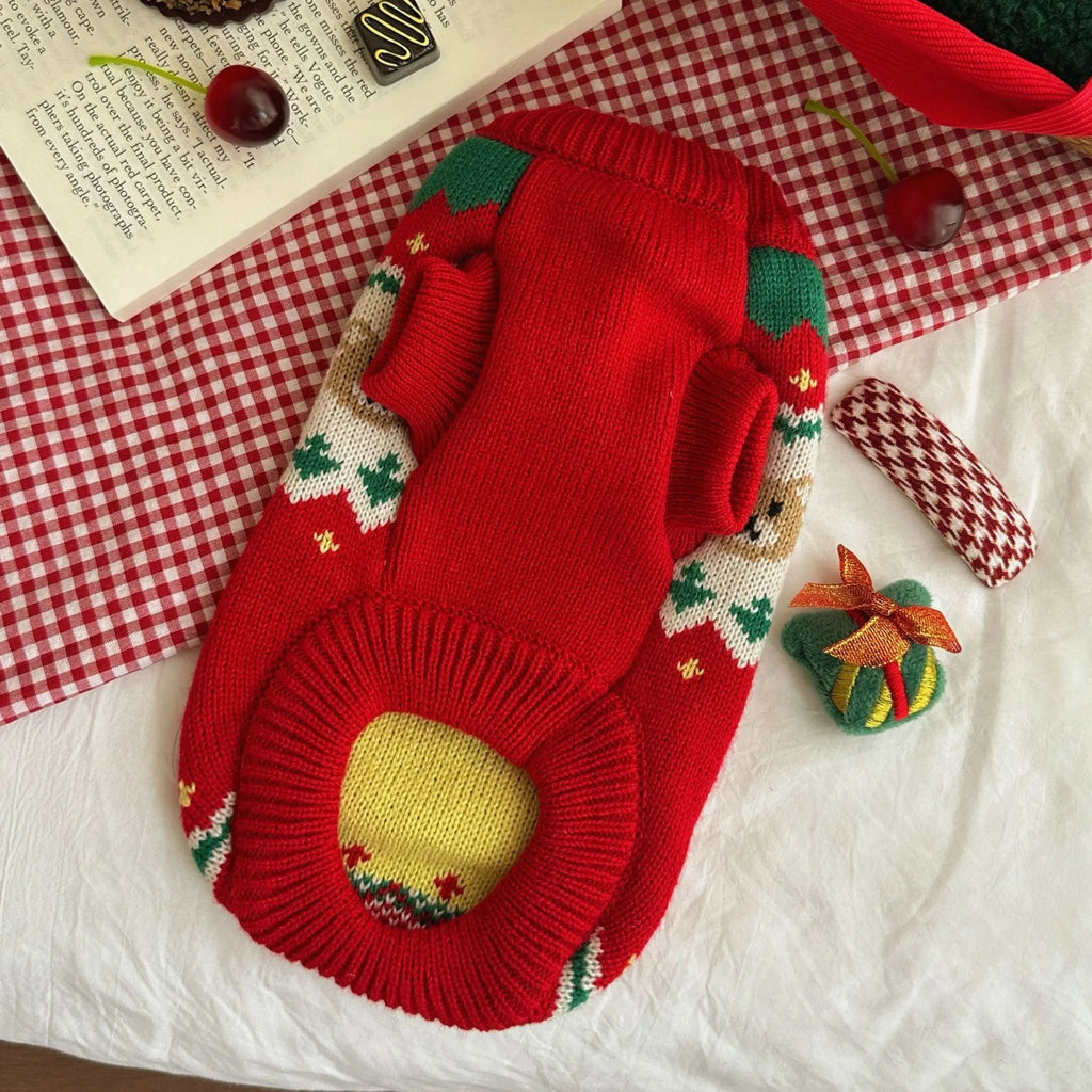 Red Christmas cherry pattern pet sweater for small dogs and cats in polyester fabric
