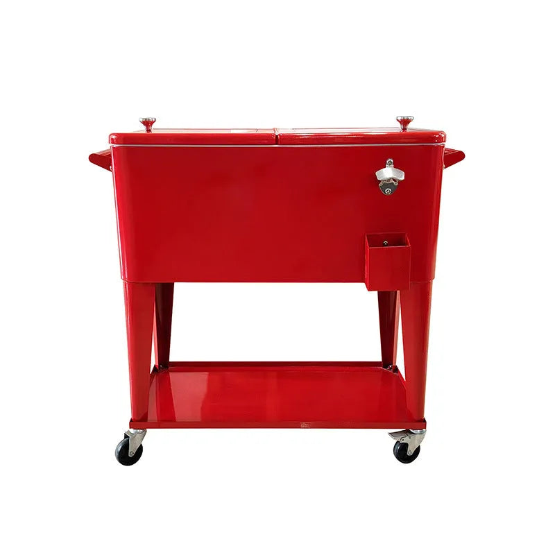 Red outdoor metal insulated trolley with wheels and a 750 capacity picnic cooler box.