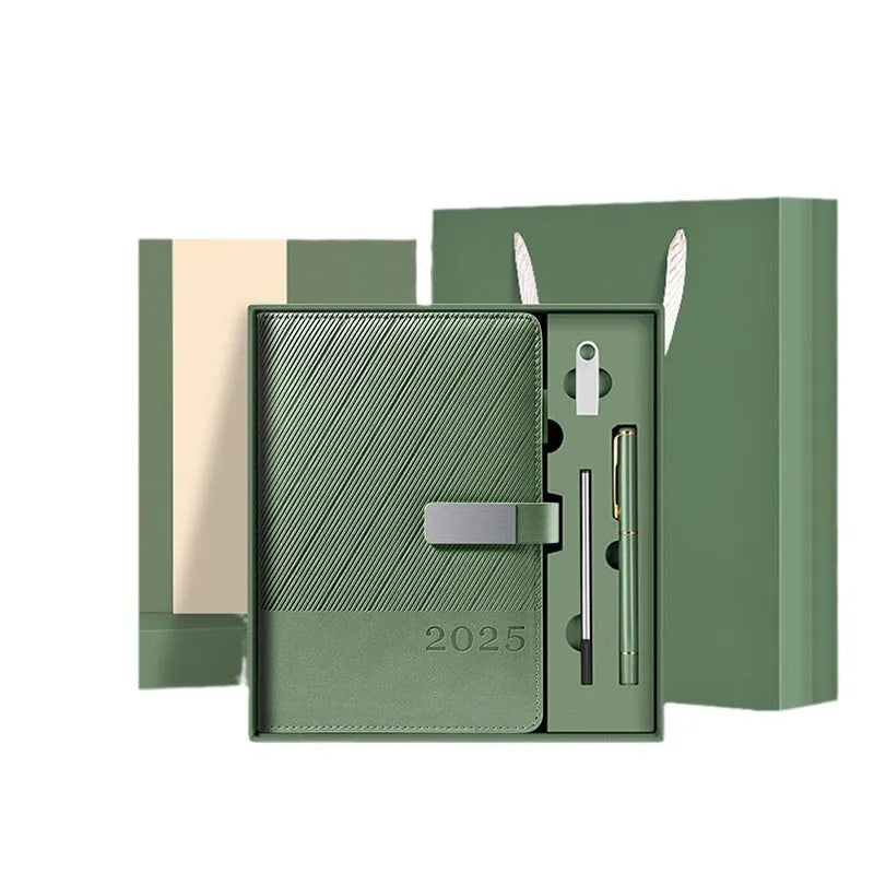 Striped PU leather office notepad open showing 80g wood-free paper with 204 sheet capacity