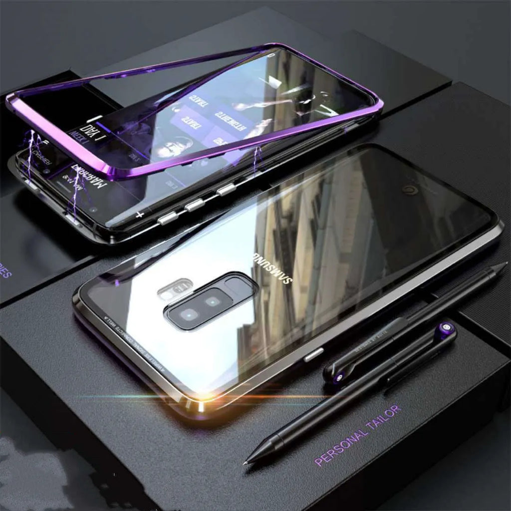 Samsung anti-peeping magnetic phone case in clamshell design with privacy screen and double-sided glass protection