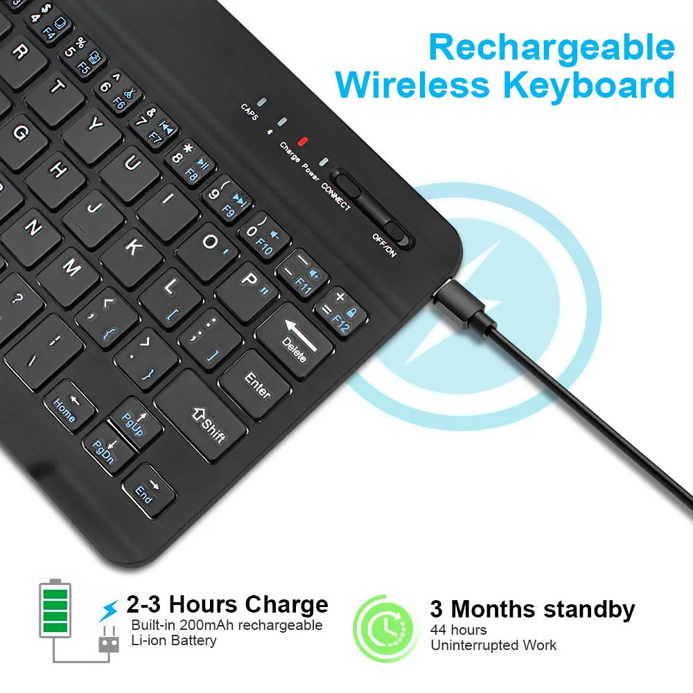 Black and white mini Bluetooth wireless keyboard shown in 7-inch, 9-inch, and 10-inch size options.