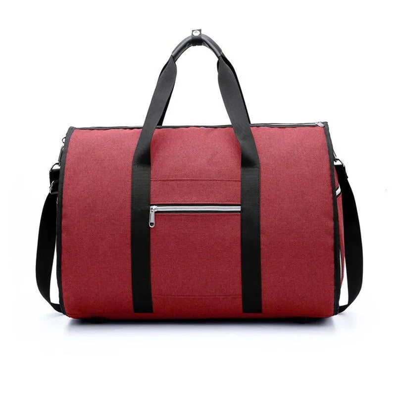 Cylinder-shaped travel bag in Oxford cloth, shown in one of four colours: black, blue, light grey, or red.