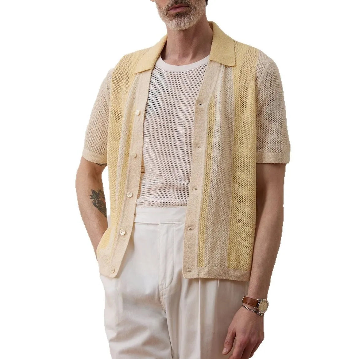Yellow casual polo shirt with asymmetric hollow-out design and short sleeves