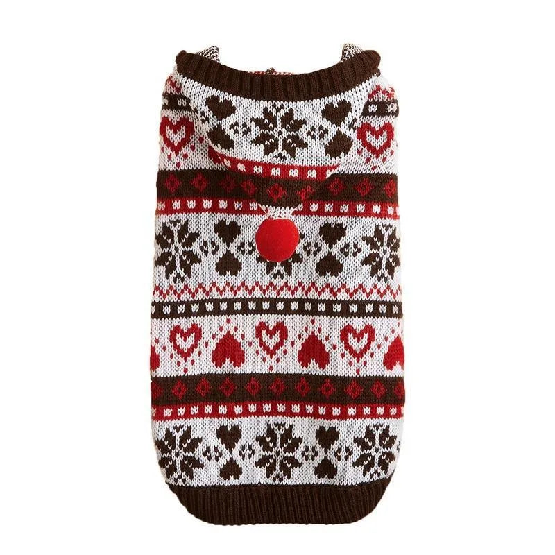 Pink striped camouflage knitted sweater on a small white Bichon Frise dog