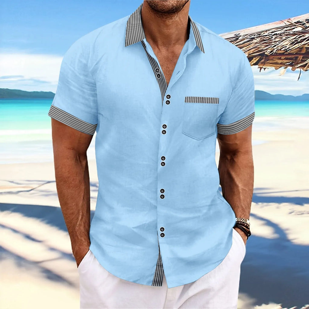 Slim fit striped casual cotton shirt on a hanger, showing double button front detail.