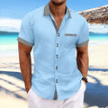 Slim fit striped casual cotton shirt on a hanger, showing double button front detail.
