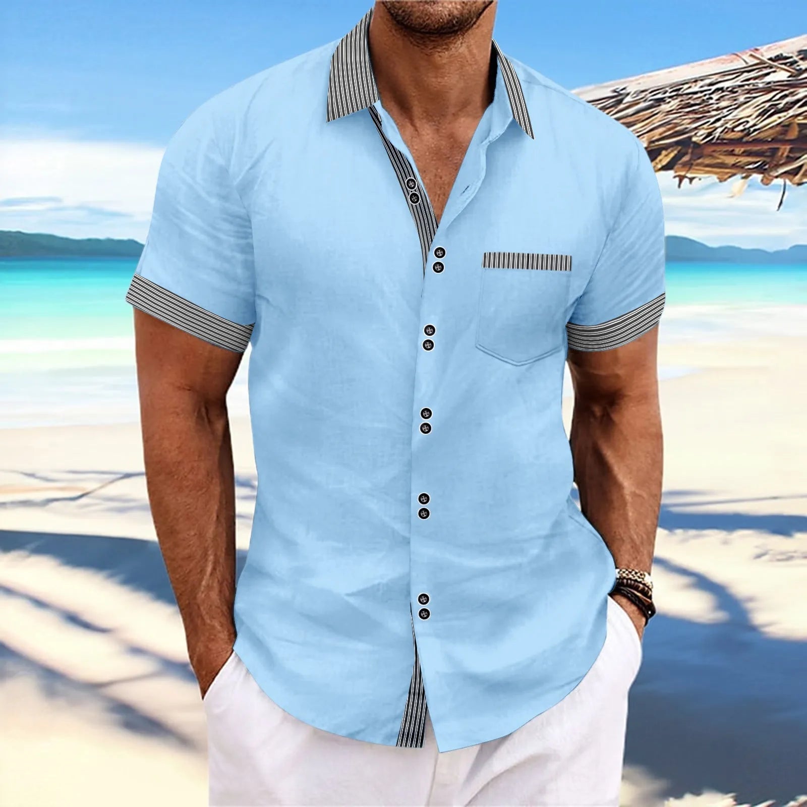 Slim fit striped casual cotton shirt on a hanger, showing double button front detail.