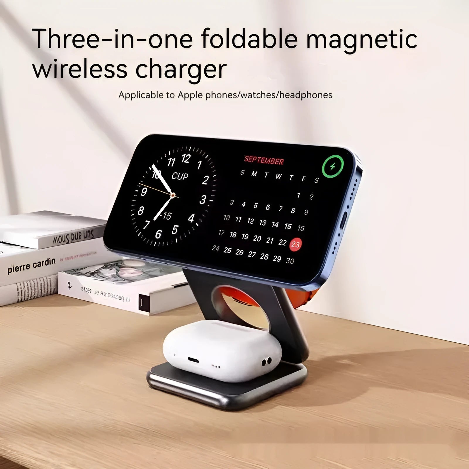 Foldable magnetic wireless charger phone holder in black or white with QC3.0 fast charging