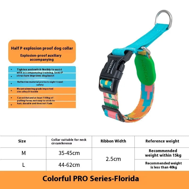 Nylon half p explosion-proof pet traction neckband in Sunrise colour on a dog