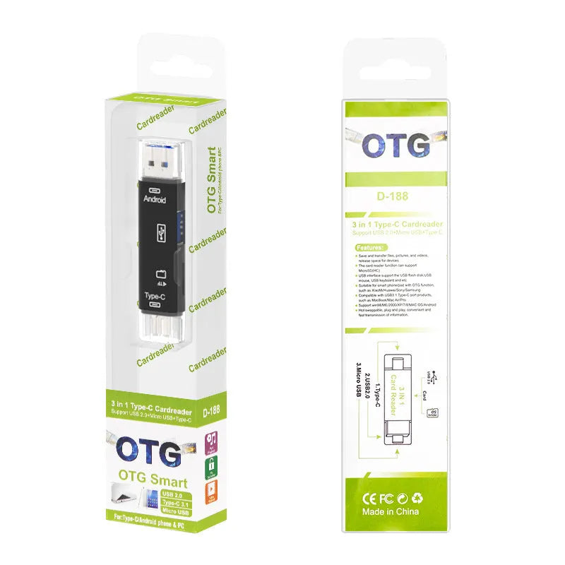 USB OTG hub adapter with Type-C, Micro USB ports and TF card reader in black