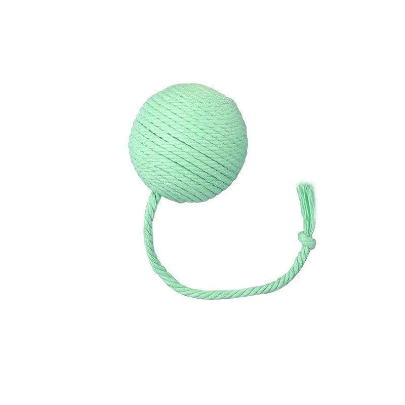 Interactive cat toy ball with rope and internal bell in green, pink, purple and yellow colours