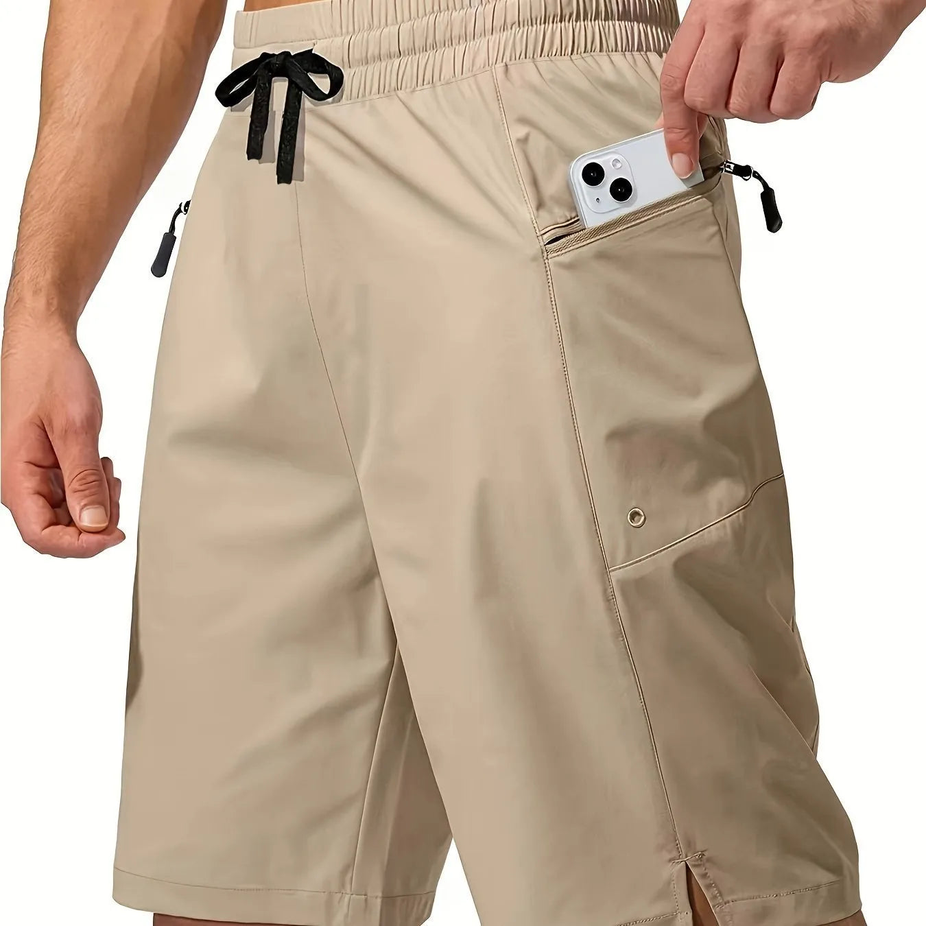 Men's solid colour quick-drying polyester beach shorts in straight-leg cut