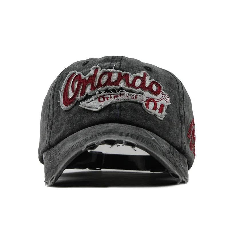 Cotton washed letter hat retro cowboy baseball cap in black with adjustable strap