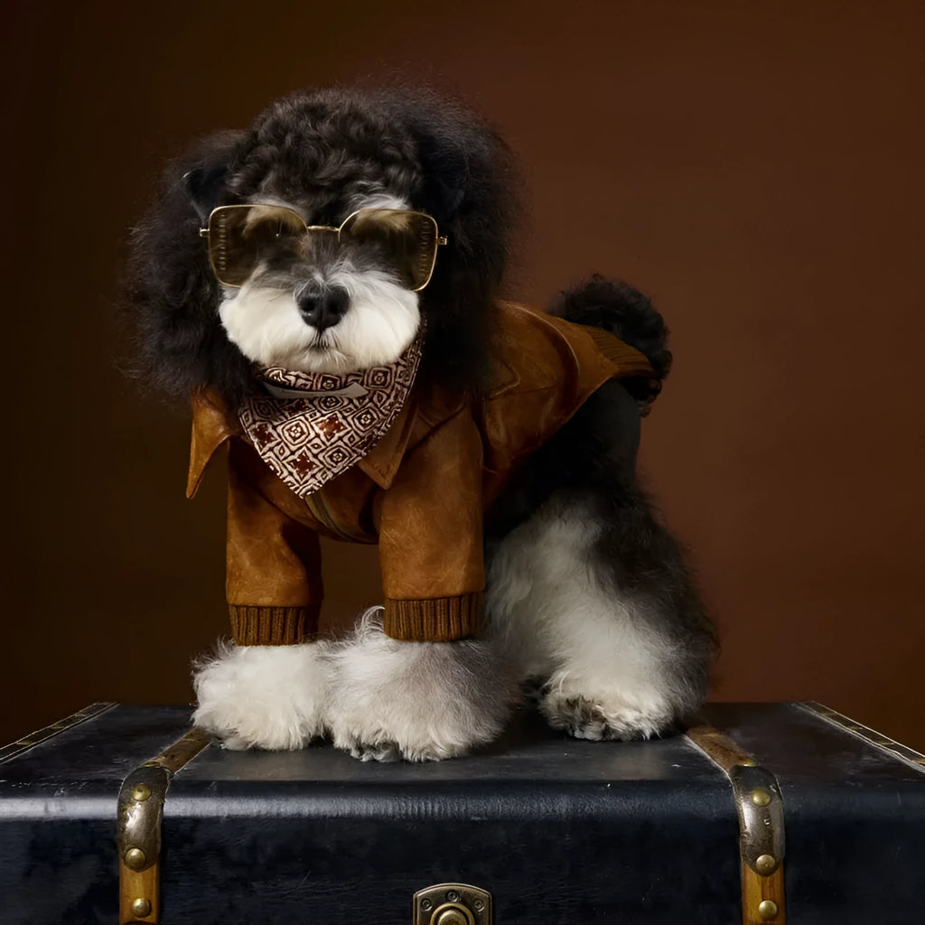 Brown retro long sleeve PU leather dog coat on Schnauzer or Bichon breed