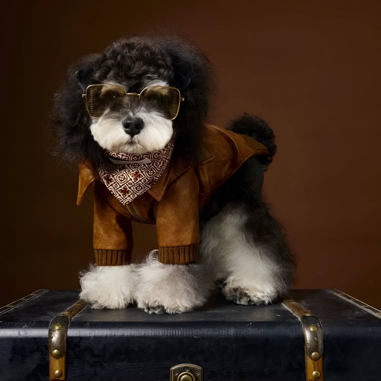 Brown retro long sleeve PU leather dog coat on Schnauzer or Bichon breed