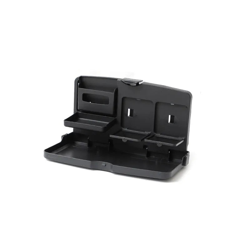 Black ABS plastic car steering wheel laptop stand with foldable cup holder on a grey steering wheel