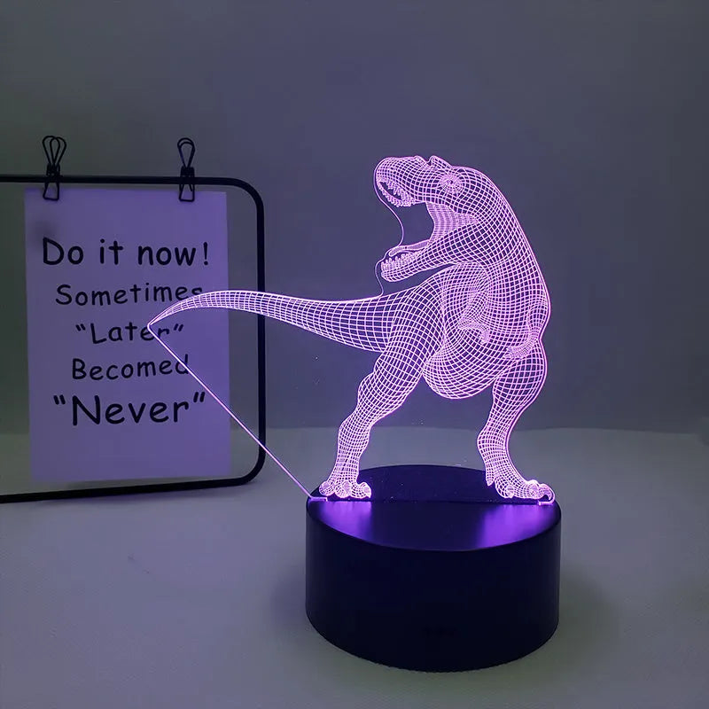 Colourful cartoon dinosaur LED desk lamp with remote control and acrylic lampshade on a black base