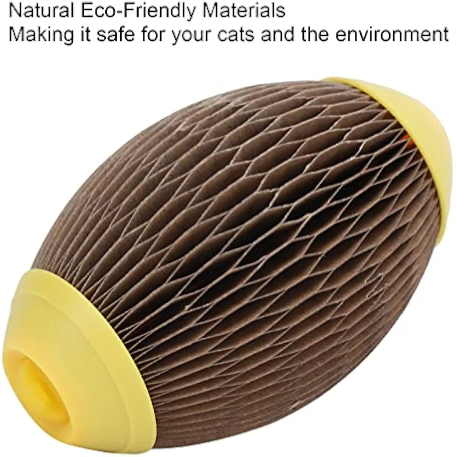 Ellipse-shaped corrugated paper catnip ball toy for scratching and chasing.