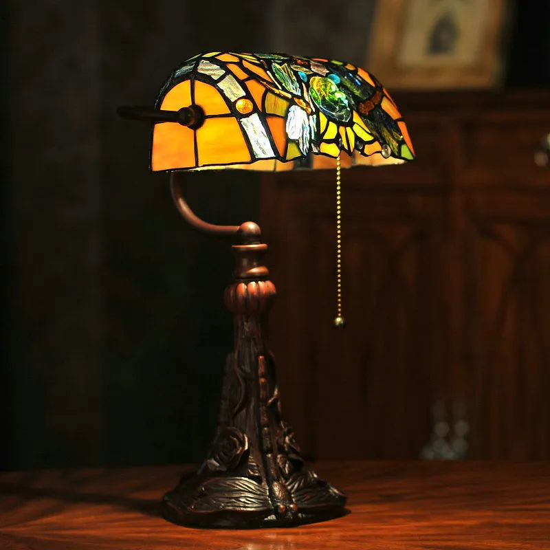 10-inch Tiffany table lamp with stained glass shade on resin base for study room decoration