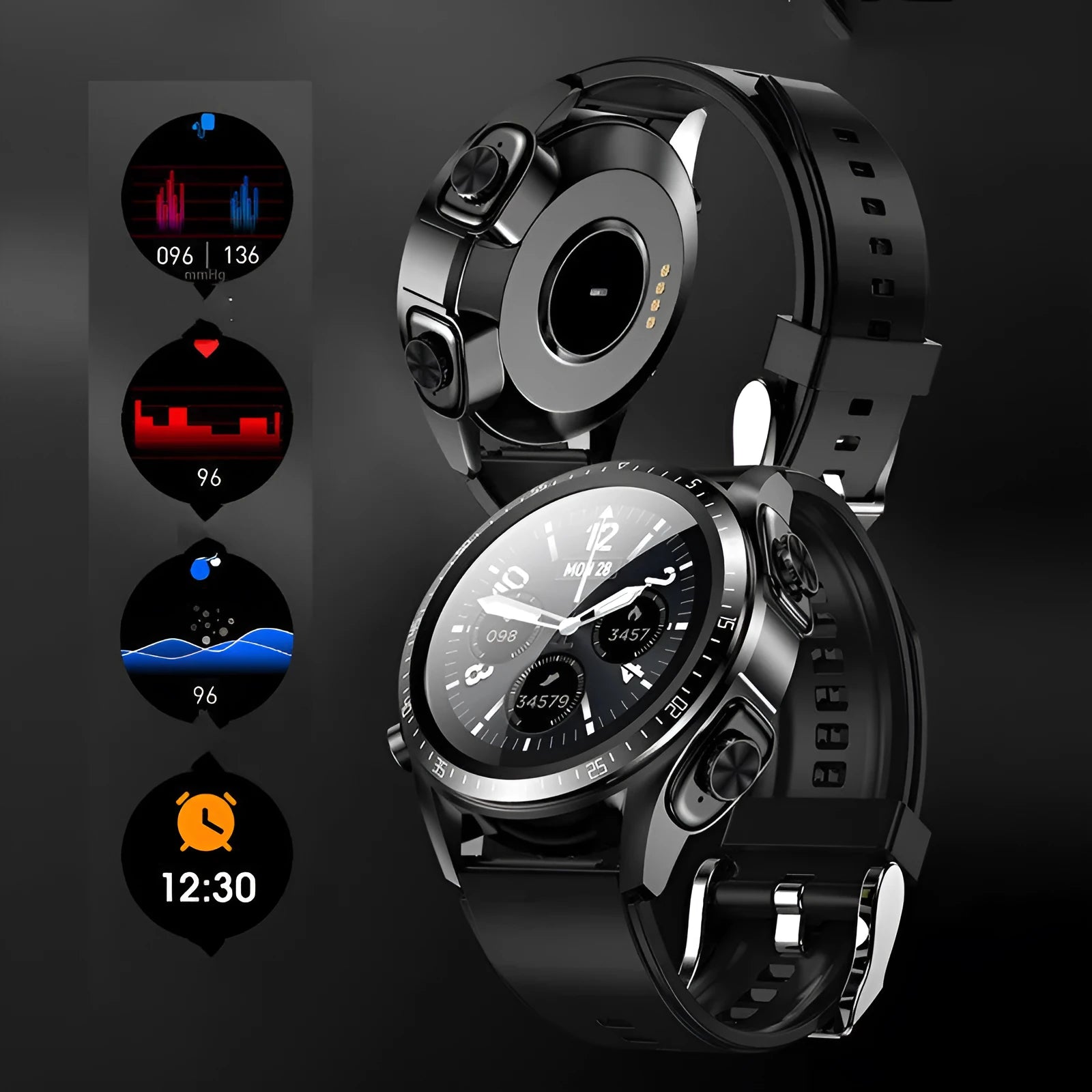 Black smartwatch with blood pressure monitoring on a silicone strap, showing a 1.28-inch display.