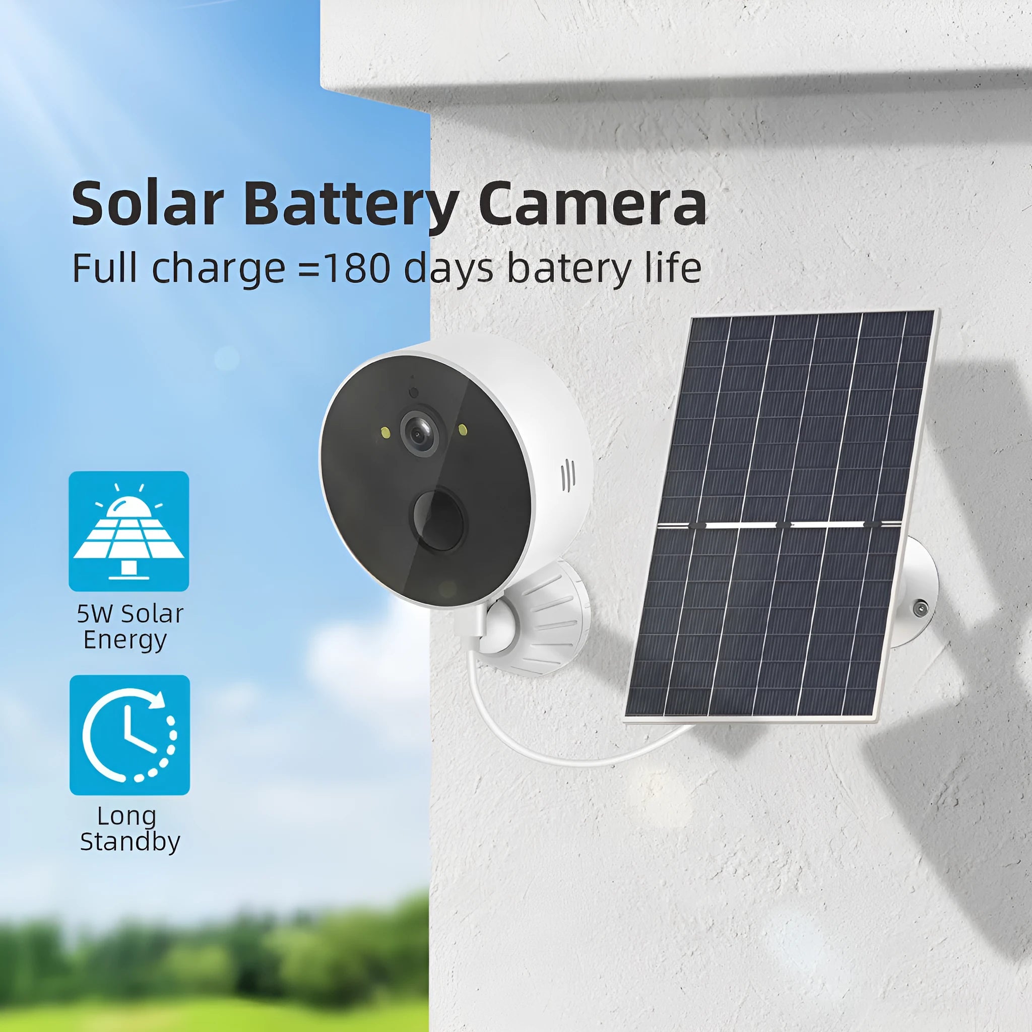 Solar-powered outdoor security camera with attached solar panel for wireless 1080p monitoring
