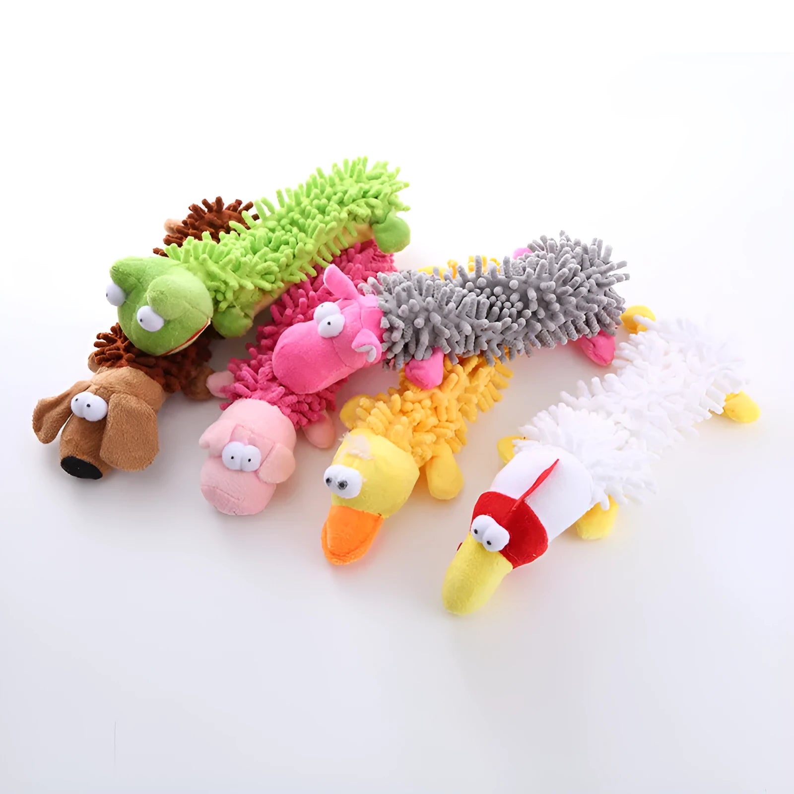 Plush microfiber horse molar dog toy in brown dog, yellow duck, white chicken, pink pig, frog or hippo design