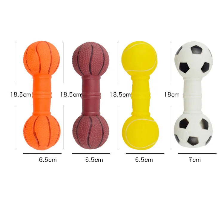Brown, orange, white and yellow football dumbbell shaped squeaky dog chew toy.