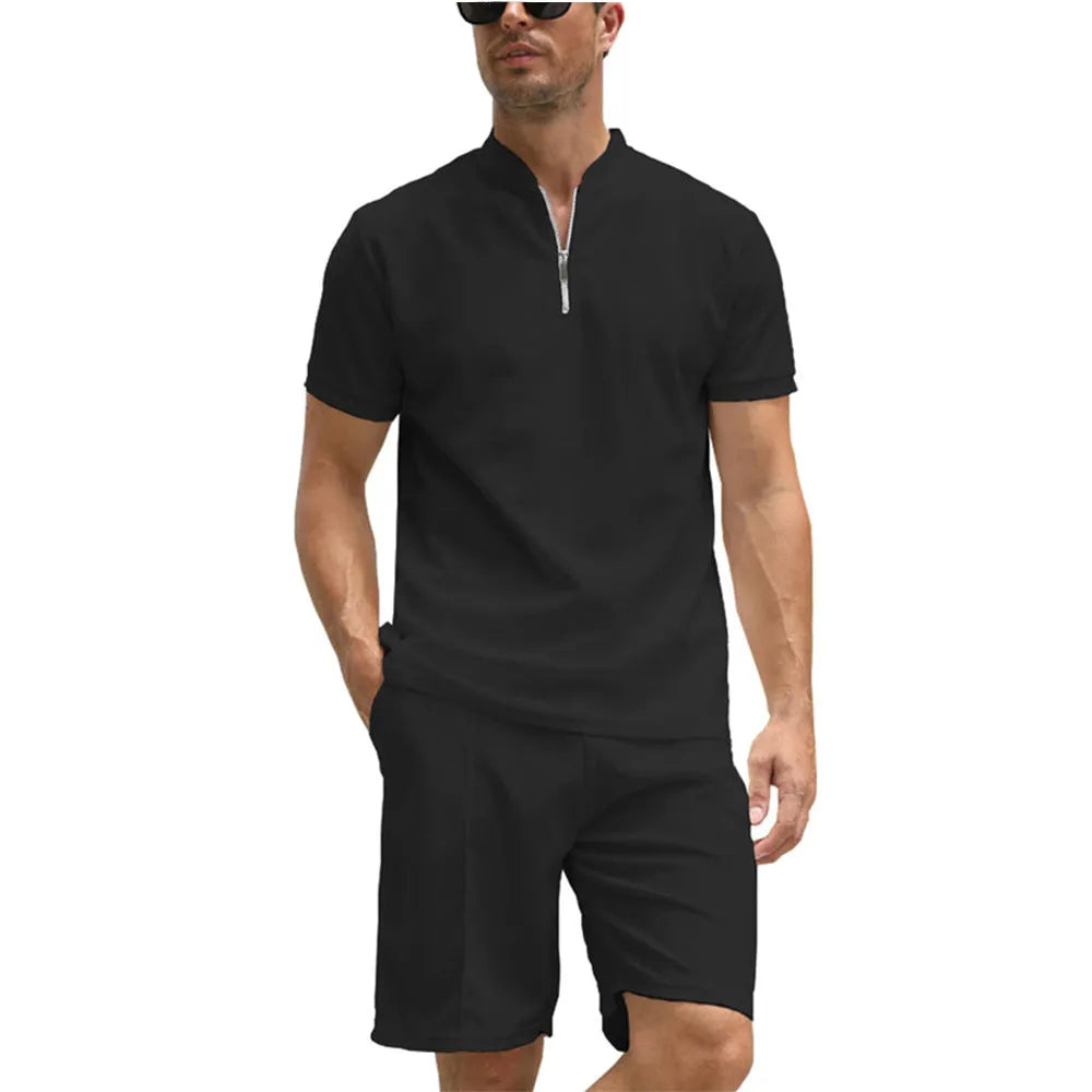 Men's solid colour polo shirt two-piece suit set in beaded bird's eye polyester fabric