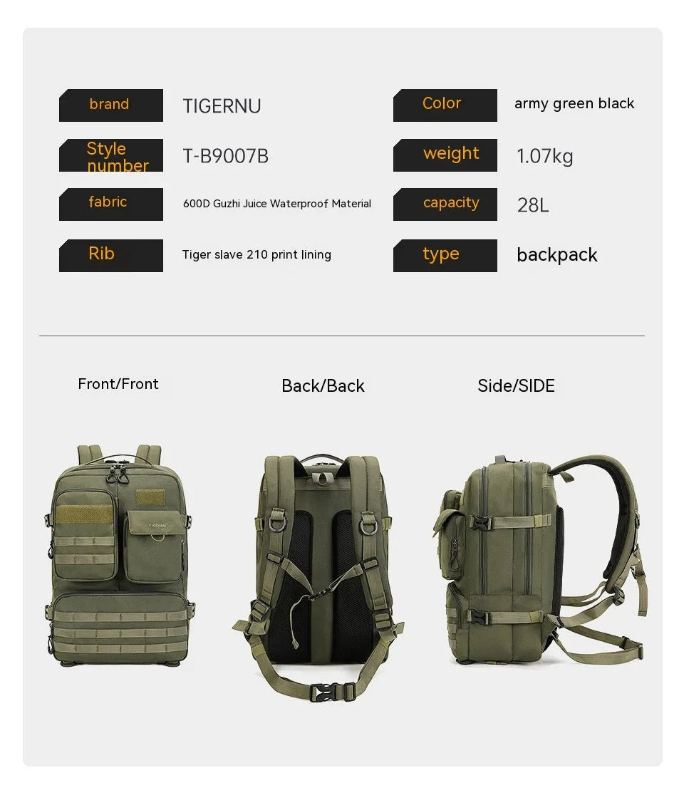 Army green tactical backpack with 17-inch height shown outdoors, highlighting its wear-resistant nylon construction.