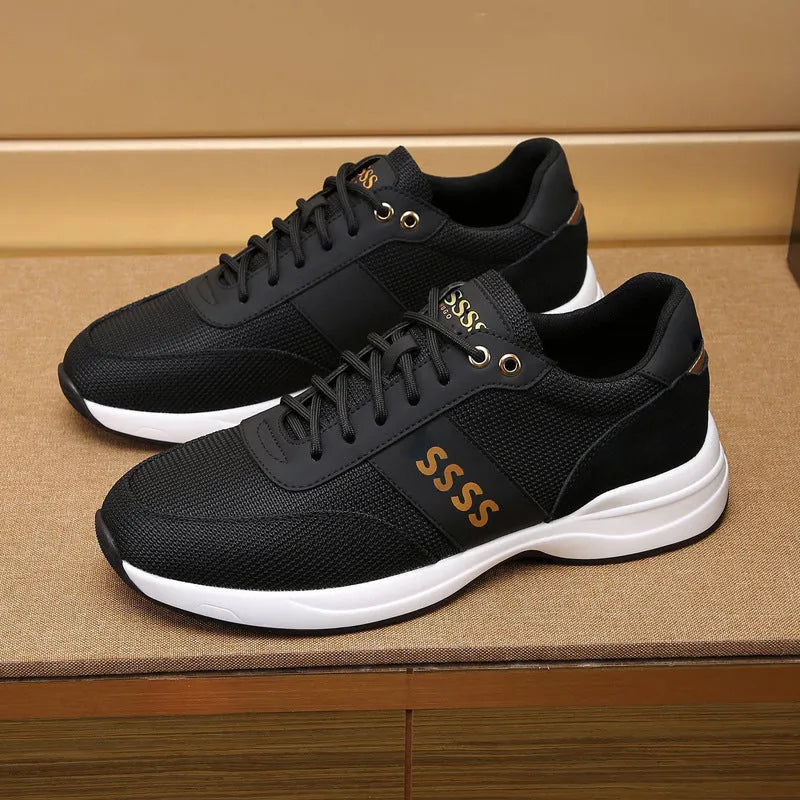 Men's black leather sneakers first layer cowhide upper round toe rubber sole