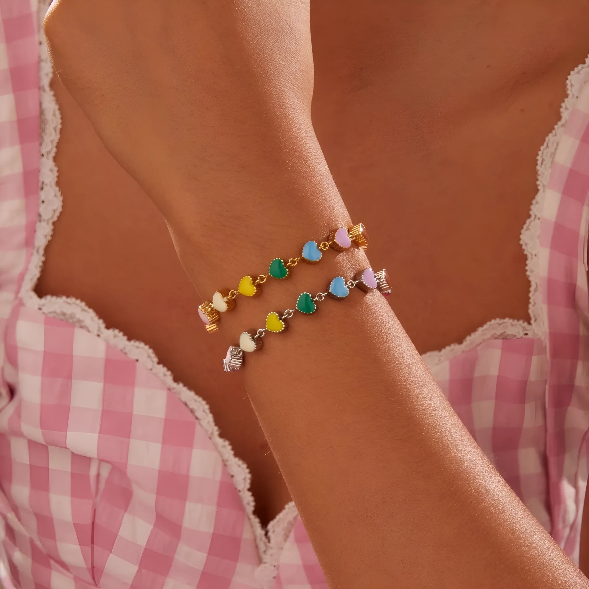 Women's titanium steel bracelet with love heart charm and colourful oil necklace pendant in gold and steel finishes