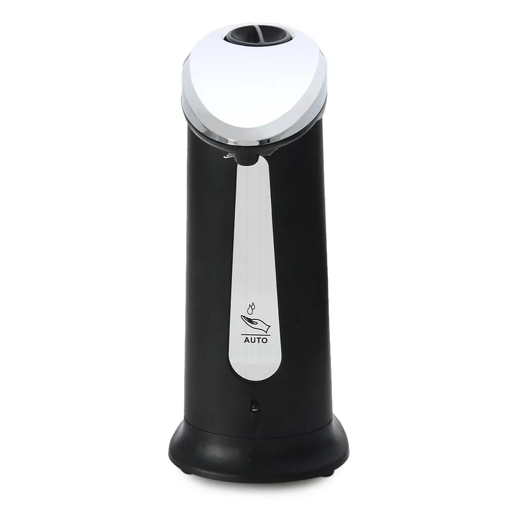 Black automatic liquid soap dispenser with sensor and non-drip spout for touchless operation