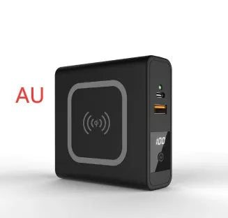 Black and white 10000mAh power bank with QI wireless charging and a set of international plug adapters