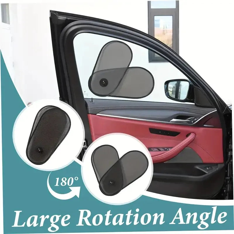 Black breathable mesh car side window shade stretched over glass with visible suction cups.