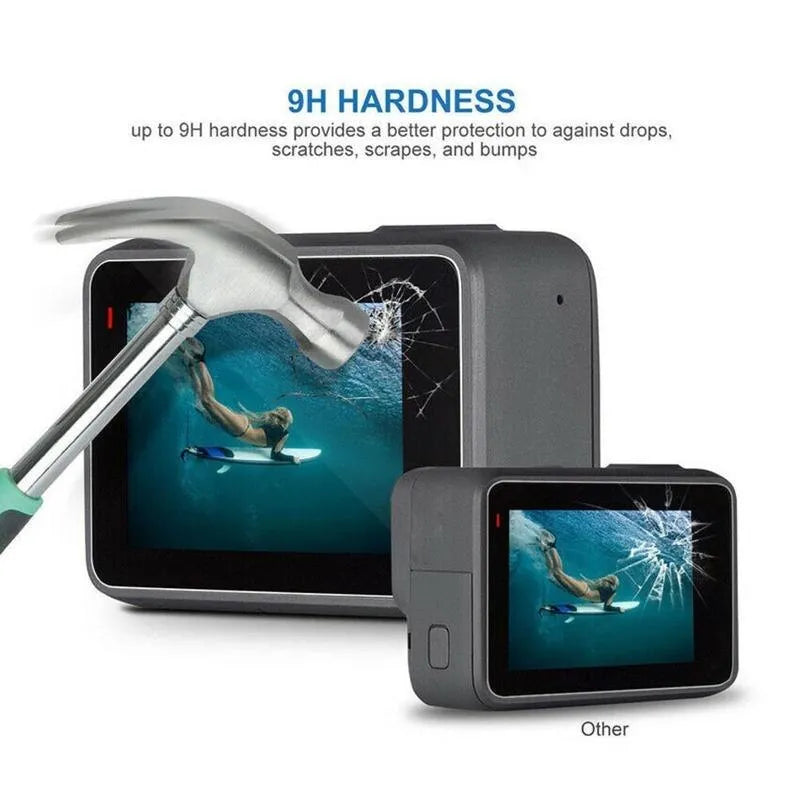 Transparent 9H tempered glass screen and lens protector film for GoPro Hero 5, 6, 7 cameras