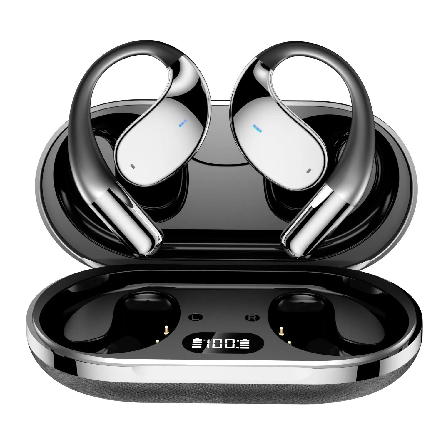 Beige and black portable sports Bluetooth earphones with ear-mounted creative design and digital display screen.