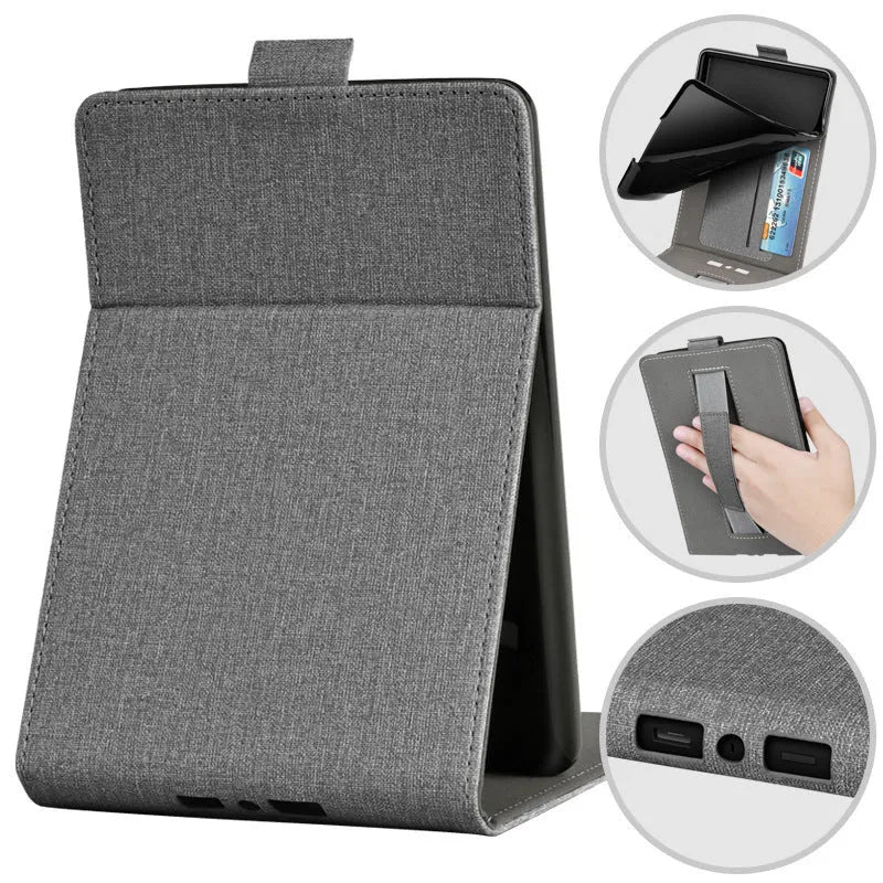 Painted leather-look TPU protective case for a 6-inch ereader, shown in a bracket-compatible business style.